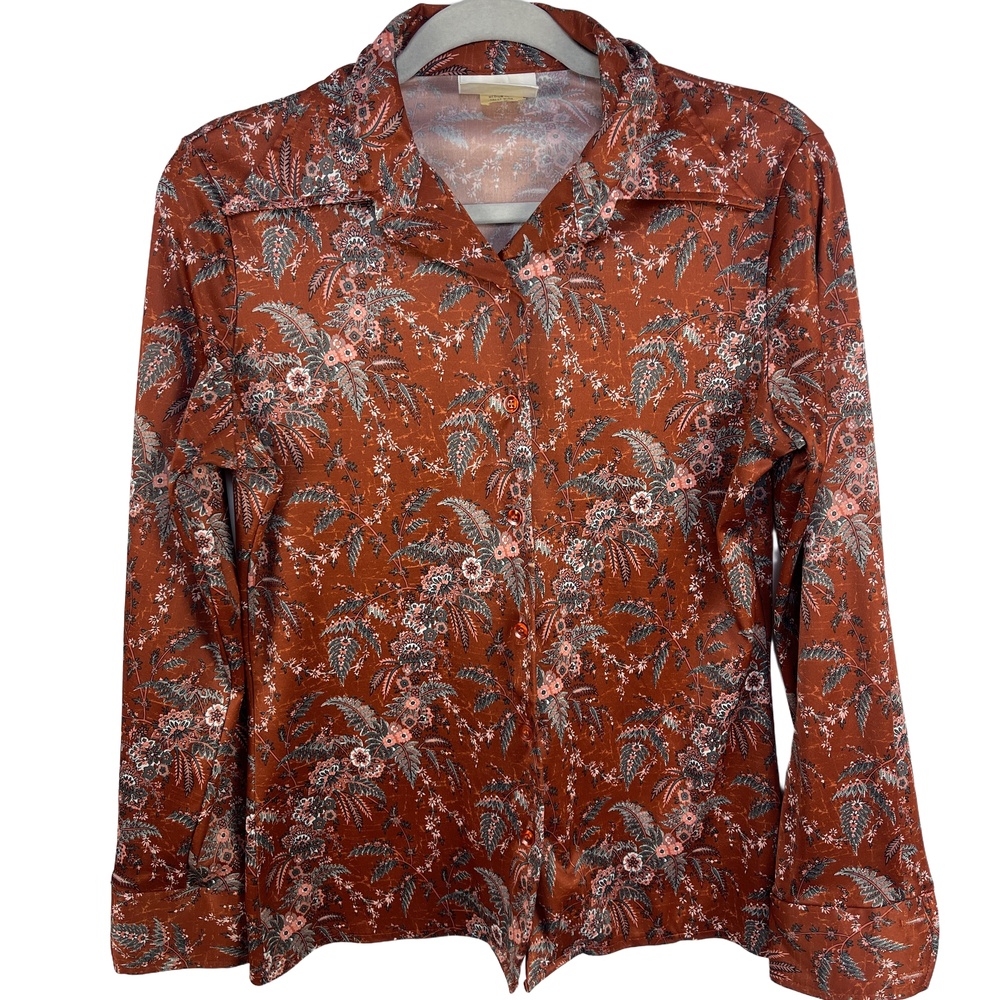 Jantzen Vintage 1970s Floral Long Sleeve Button-Up Satin Blouse Size 14 - Picture 3 of 7